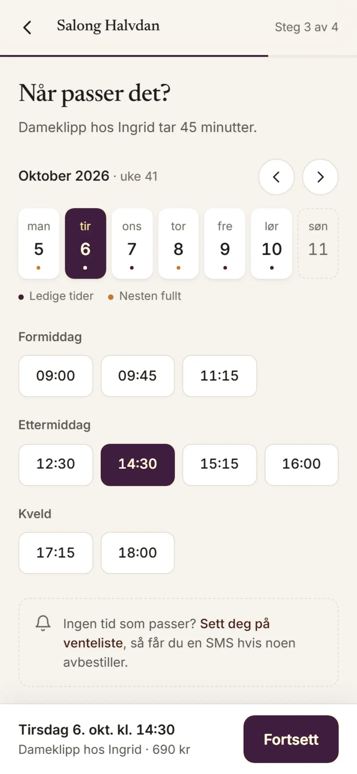Mobilskjerm der kunden velger tid