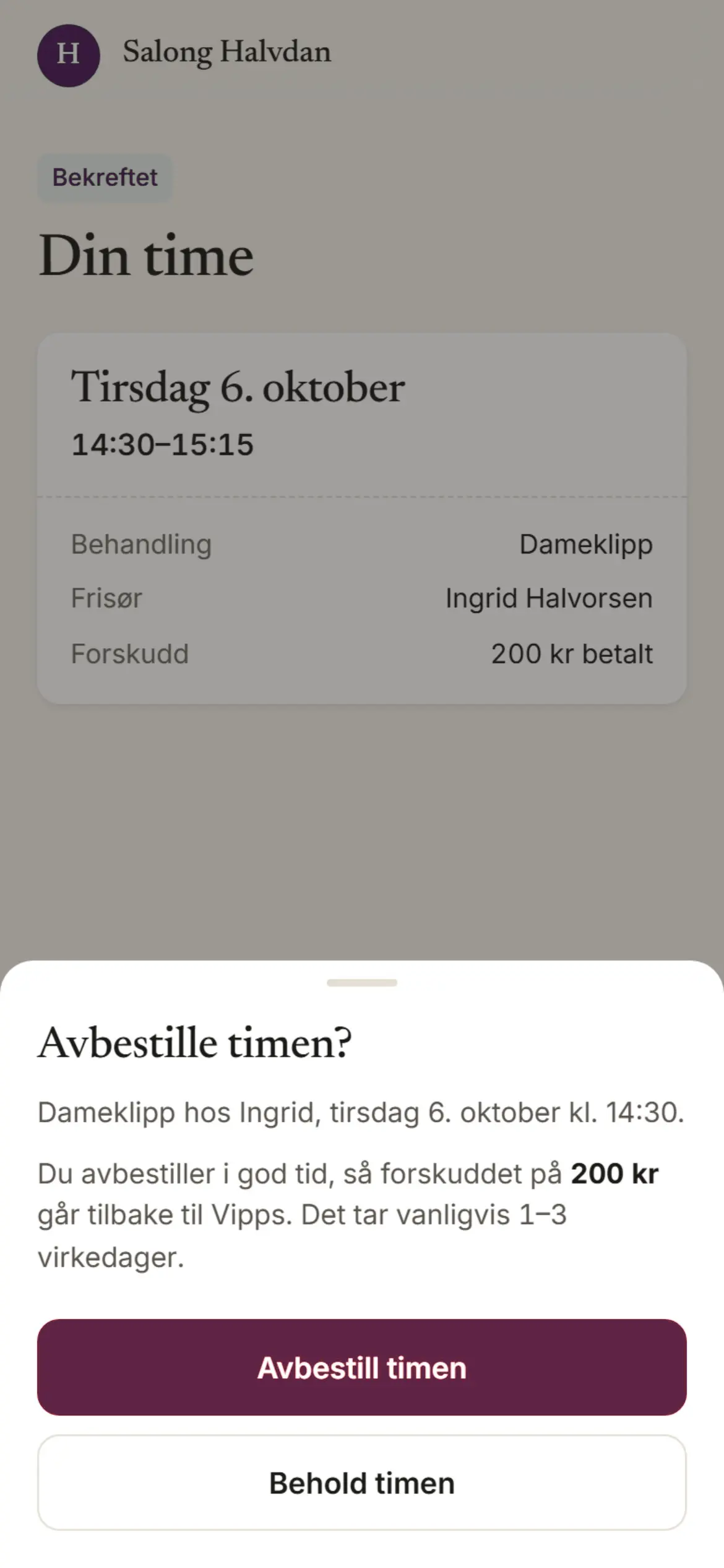 Mobilskjerm som spør om kunden vil avbestille timen