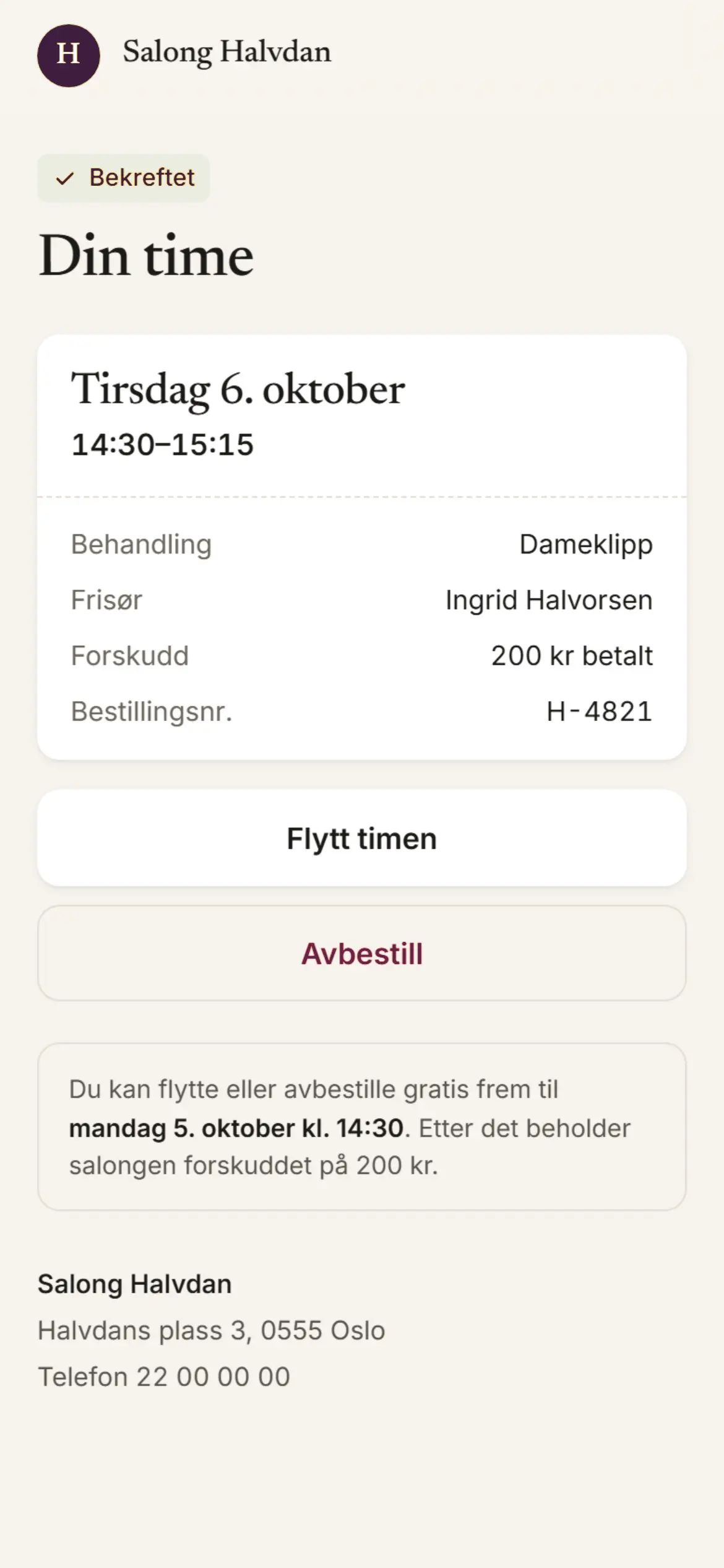 Mobilskjerm der kunden kan flytte eller avbestille timen