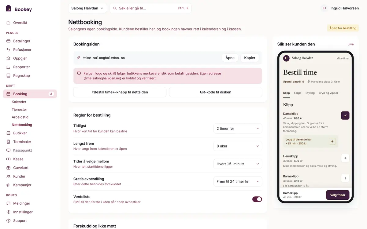 Nettbooking i Bookey med forhåndsvisning på mobil