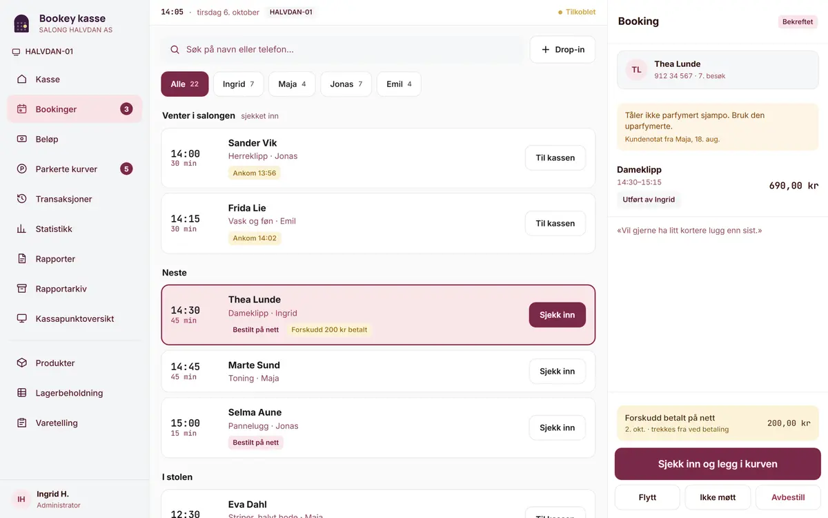 Kassen med liste over dagens bookinger