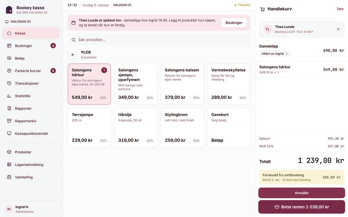 Kassen i Bookey med handlekurv og forskudd fra nettbooking